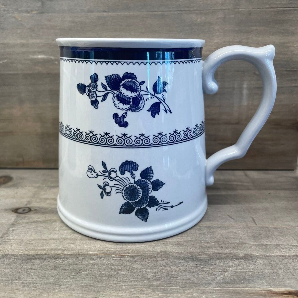 Vintage Spode England Fine Stone Coffee Mug Blue White Floral Toile Tea Cup
